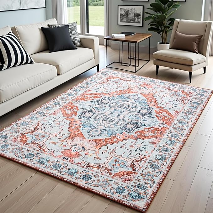5x7 Washable Rug – Boho Non-Slip Indoor Area Rug for Living Room, Bedroom, Dining Room, Entryway – Light Blue and Terracotta Bohemian Style