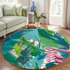 Tropical Leaves Round Rug 6ft - Machine Washable Non-Slip Circular Floor Mat, Short Pile Soft Rug for Living Room, Bedroom, Nursery in Green & Pink Botanical Design