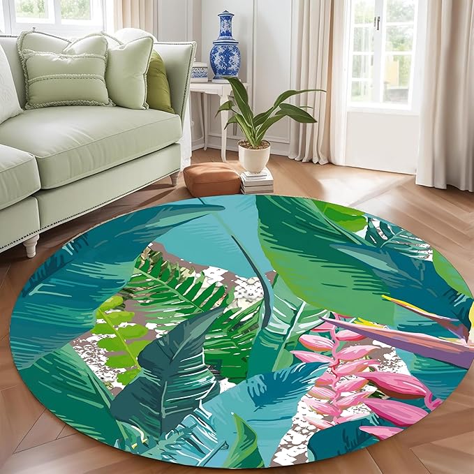 Tropical Leaves Round Rug 6ft - Machine Washable Non-Slip Circular Floor Mat, Short Pile Soft Rug for Living Room, Bedroom, Nursery in Green & Pink Botanical Design