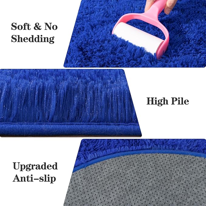 Soft Fluffy Area Rug for Bedroom, Blue Fuzzy Shaggy Oval Throw Rugs for Bedside, Non-Slip Cozy Plush Shag Carpet for Boys Kids Room Nursery Dorm Living Room, 2.6 x 5.3 Feet