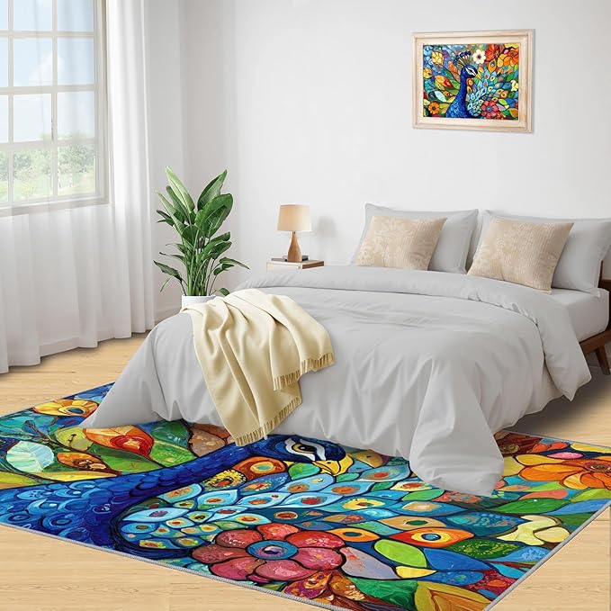 Boho Peacock Rug Small - 4x6 Rug, Colorful Peacock Washable Rugs for Living Room, Teal Turquoise Carpet, Modern Style Non-Slip Area Rugs for Bedroom, Aesthetics Carpet - Peafowl Home Decor & Gifts
