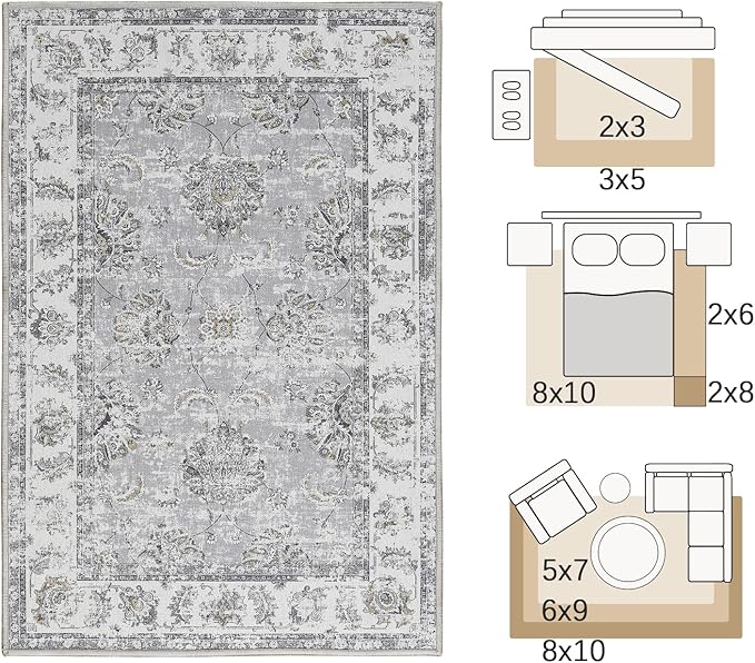 jinchan Fiora Vintage Floral 6x9 Area Rugs for Living Room - Machine Washable Distressed Design Stain Resistant Boho Carpet Ultra-Thin Low Pile Non-Slip Rug for Bedroom Dining Room (6'x9', Grey)