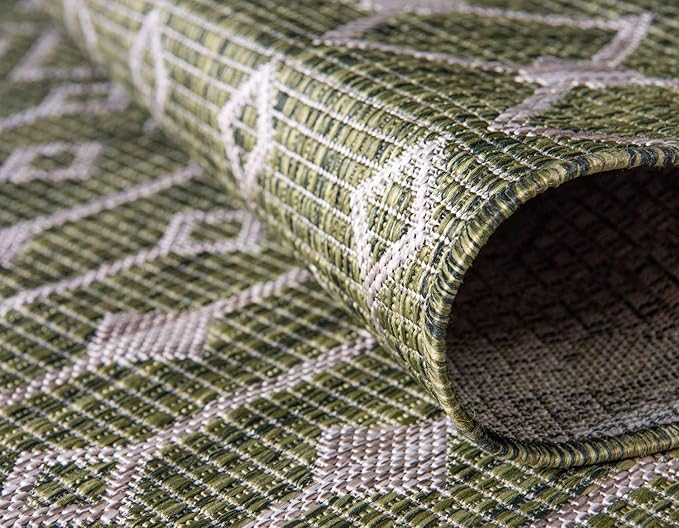 Unique Loom Outdoor Trellis Collection Area Rug - Tribal Trellis (2' x 6' 1" Runner, Green/ Natural)