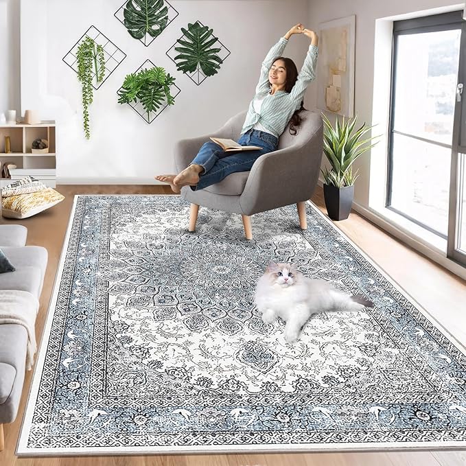 5’x7’ Area Rugs for Living Room Non Slip Washable Low Pile Area Rugs for Bedroom Dining Foldable Vintage Carpets Blue