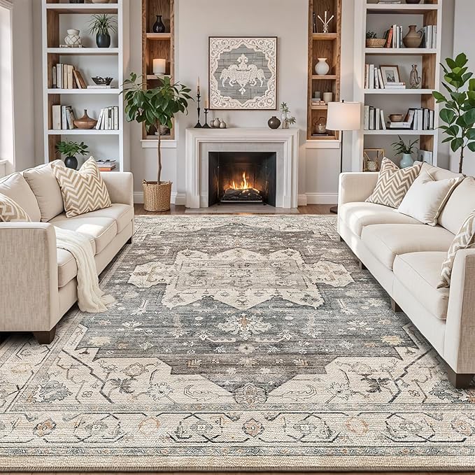 LUMI 8x10 Washable Area Rug for Living Room, Ultra Soft Vintage Rugs with TPE Non Slip Backing, Stain Resistant, Low Profile Carpet High Traffic for Bedroom, Dining Room