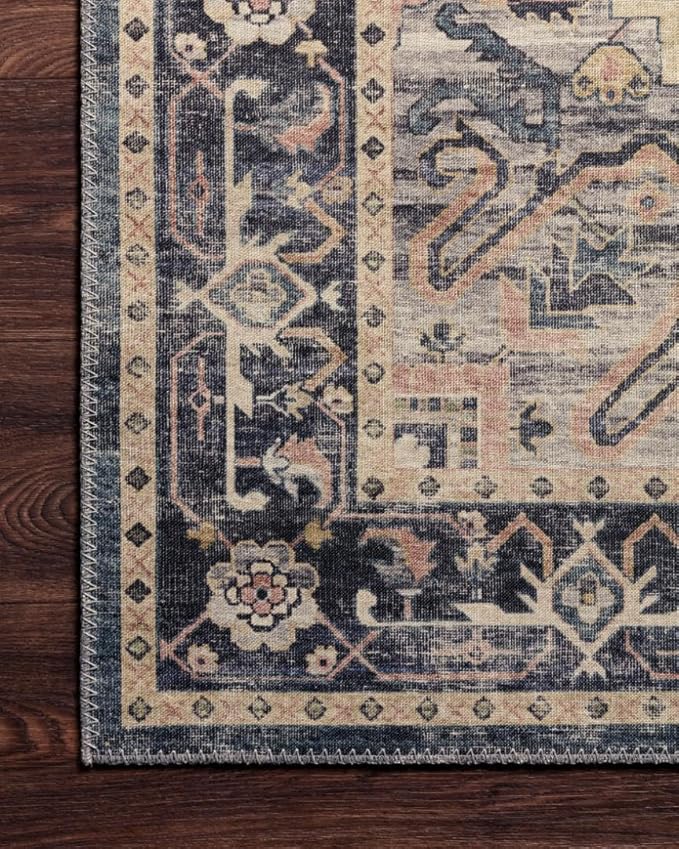 Loloi Hathaway Collection HTH-01 Navy/Multi 2'-0" x 5'-0", .25" Thick Accent Rug, Soft, Durable, Printed, Modern, Low Pile, Non-Shedding, Easy Clean, Living Room Rug