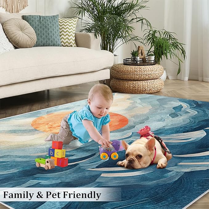 Boho Sun Area Rugs 5x6ft, Mosaic Sunburst Rugs for Kids Bedroom, Abstraction Deco Office Rug Low Pile are Not Stumbling Foot for Living Room End Table Nursery