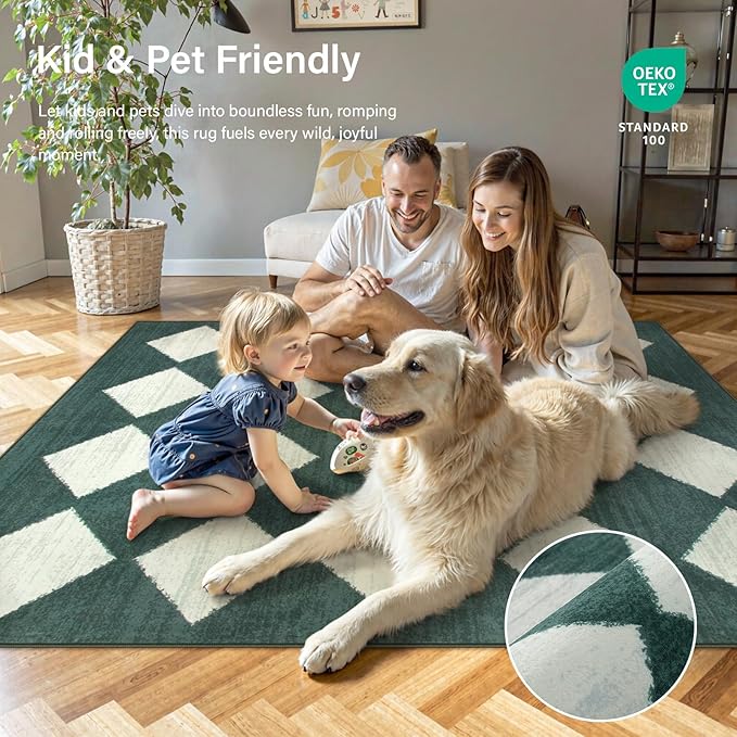 Lahome Checkered Washable 2x3 Green Kitchen Rugs Non Slip, Small Printed Indoor Door Mat for Entryway, Moroccan Trellis Ultra-Thin Throw Carpet for Bedroom Entrance Decor (2'x3',Dark Green)