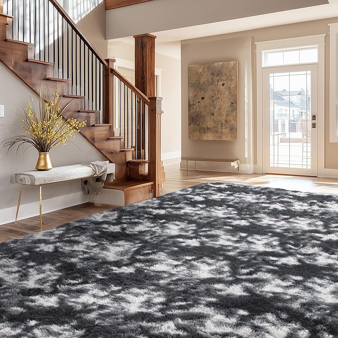 Andency Soft Area Rugs for Living Room Bedroom, 5x8 Fluffy Shaggy Bedside Rug, Non-Slip Large Shag Fuzzy Plush Carpets for Bedroom Kids Dorm Nursery Home Decor Aesthetic, Tie-Dyed White Black