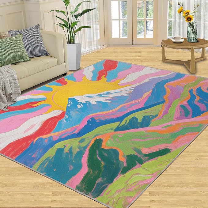 Boho Sun Area Rugs 4x5ft, Watercolor Mountain Kids Play Rug, Abstraction Deco Throw Rugs Bedroom Fluffie Soft for Coffee Shop Living Room Under Table Game Room