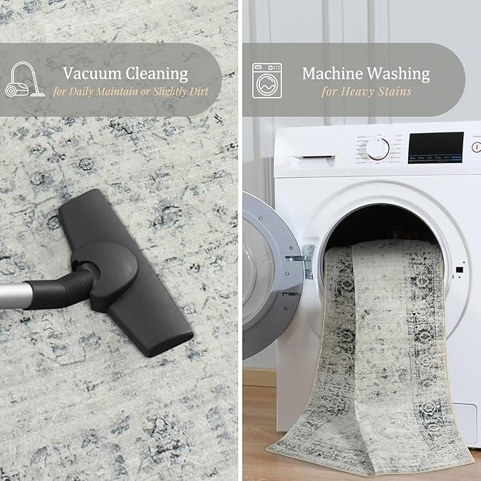 Morebes Vintage Hallway Runner Rug 2x10,Machine Washable Kitchen Runner Rugs Non Skid Washable,Soft Distressed Non-Shedding Carpet Runner for Entryway Foyer Bedside Playroom,Grey