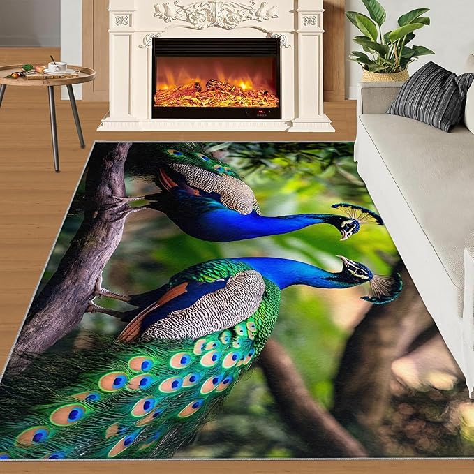 Peacock Rugs for Bedroom - 6x8 Rug, Peacock Couples Area Rugs for Living Room, Nature Carpet, Peafowl Washable Area Mat, Malachite Green Feather Carpet - Peafowl Home Decor & Gifts