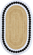 Flatweave Runner 2.6x16 Oval Kilim Jute Runner Hand Braided Jute Thick 0.27" Solid Pattern Black Beige Natural Oval Handmade Boho Indoor Outdoor Rugs for Hallway Enterway Corridor