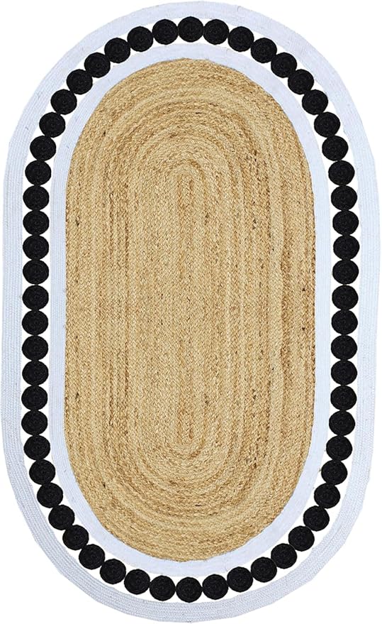 Flatweave Runner 2.6x14 Oval Kilim Jute Runner Hand Braided Jute Thick 0.27" Solid Pattern Black Beige Natural Oval Handmade Boho Indoor Outdoor Rugs for Hallway Enterway Stair Corridor