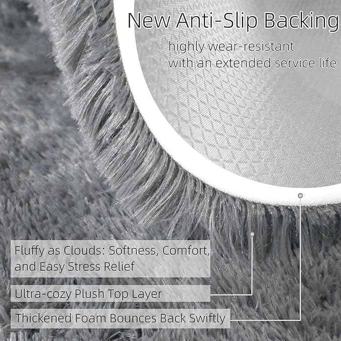 8x10 Solid Fluffy Grey Area Rug – Washable, Durable, Extra Large Living Room Rug, Non-Slip High Pile Shag Rugs for Bedroom, Playroom, Nursery Rooms, Kids Room, Soft Indoor Floor Carpet Decor