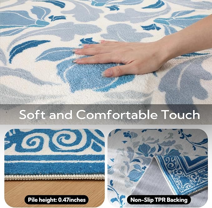 SOULFUL Medium Pile 8x10 Rugs for Living Room - Cozy Soft Underfoot Large Area Rug - Blue Boho Floral - Washable Non-Slip - Perfect for Bedroom Kids Room Under Dining Table Office