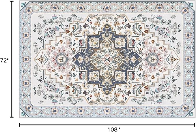 Phantoscope Washable Area Rug 6'x9' Non-Slip, Vintage Boho Rugs for Living Room, Bedroom, Dining Room, Persian Floral Medallion Pattern, Low-Pile Foldable Floor Carpet, Ivory Blue/Garden Bloom