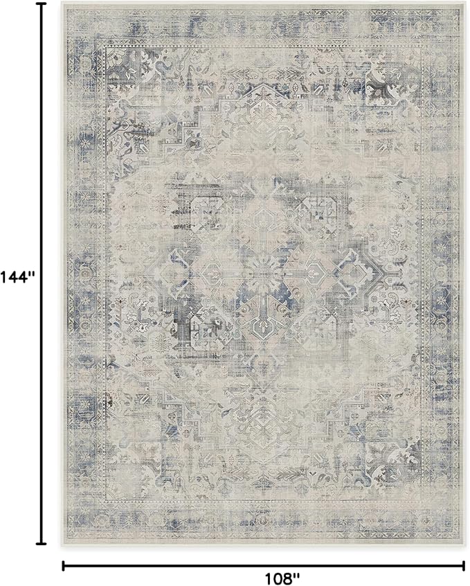 RUGGABLE Washable Vintage Area Rug – Kamran Blue Quartz 9x12, Stain-Resistant, Non-Slip – Large Machine Washable Rugs for Living Room, Bedroom, Hallway, Entryway & Office–with Standard Pad