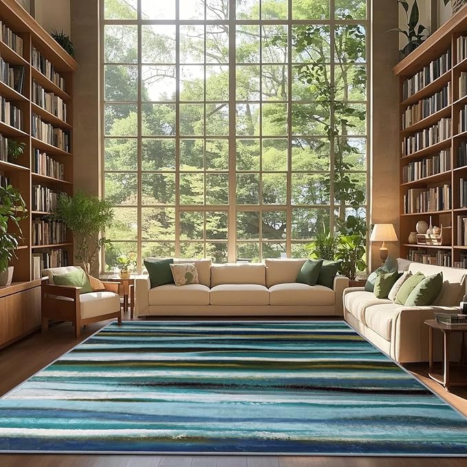 Abstract 8x10 Area Rug, Modern Stripe Teal Rugs for Living Room, Washable Soft Large Non-Slip Floor Carpet for Dining Room Office Bedroom Farmhouse Decor - Teal/Multi