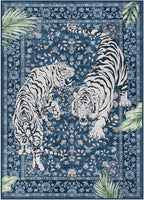 Moynesa Tiger Washable Area Rugs for Living Room, 5x7 Vintage Soft Rug for Bedroom, Non Slip Boho Botanical Ultra Thin Large Stain Resistant Throw Rug for Dining Guest Room, Blue