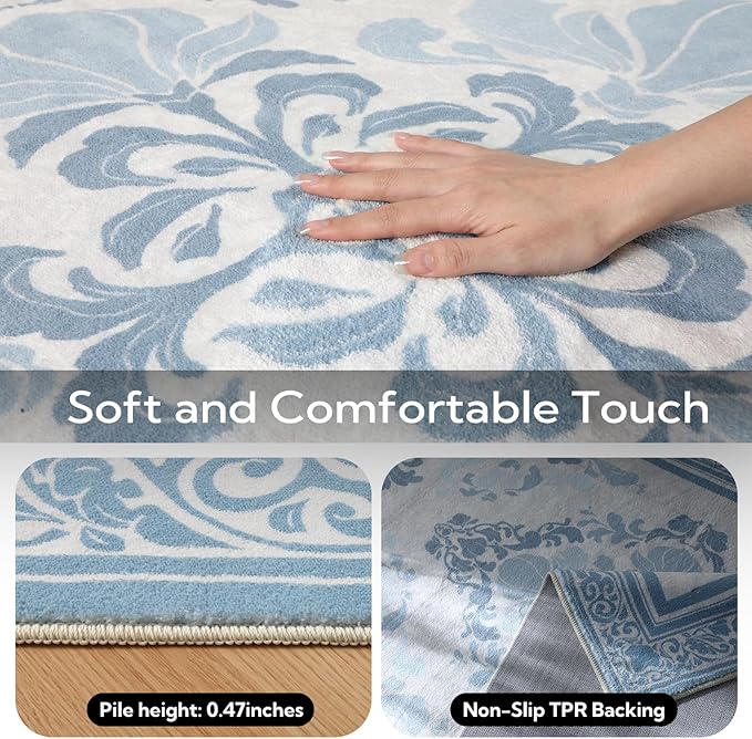 SOULFUL Medium Pile 8x10 Rugs for Living Room - Soft Foot Feel Large Area Rug - Mist Blue Boho Floral - Washable Non-Slip - Perfect for Bedroom Kids Room Under Dining Table Office