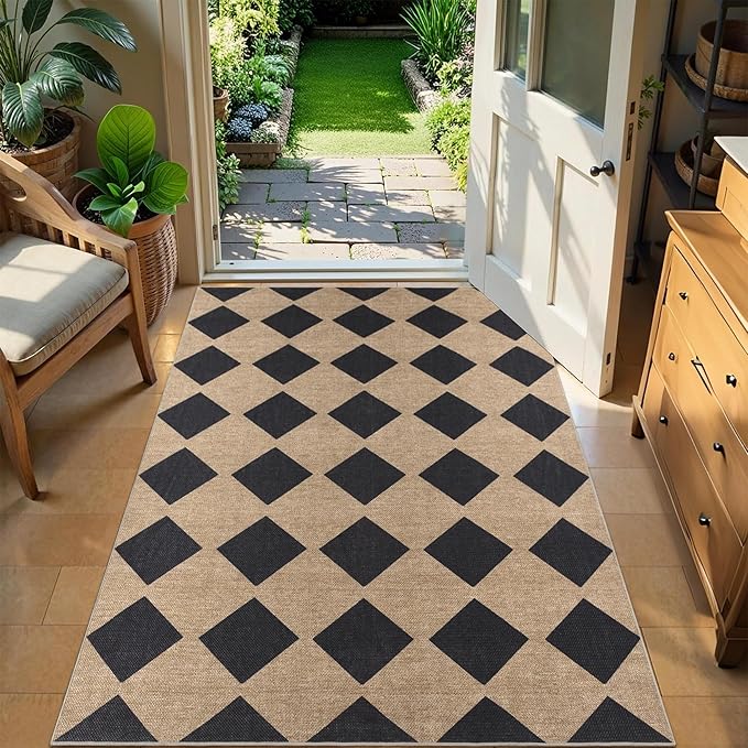 Checkered Easy Jute Rug 3x5 Outdoor Entryway Rug Washable Area Rugs for Living Room Bedroom Non Slip Neutral Farmhouse Indoor Outdoor Carpet for Backyard Patio Office