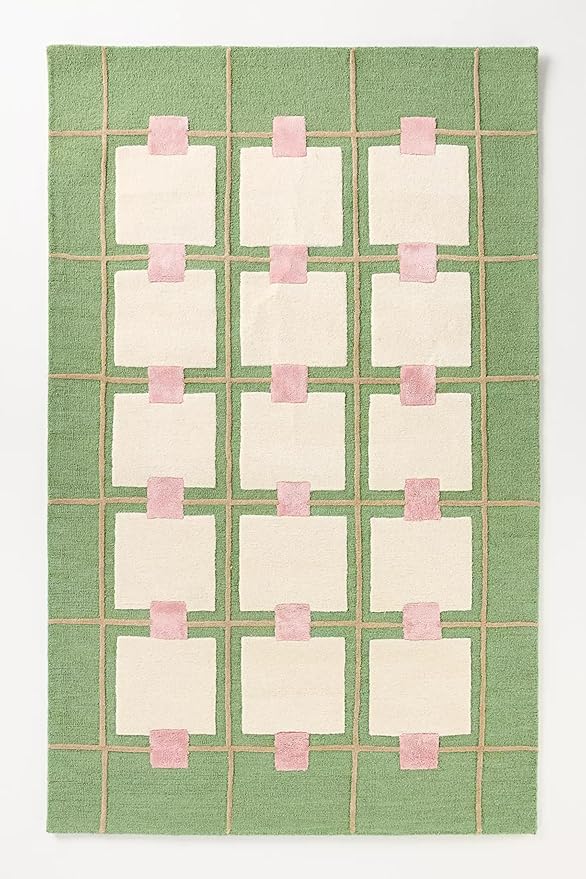Greer Wool Area Rug - Soft Hand-Tufted Geometric Design with Pink and Green Color Palette, Perfect for Modern Home Decor (8x12 Ft)