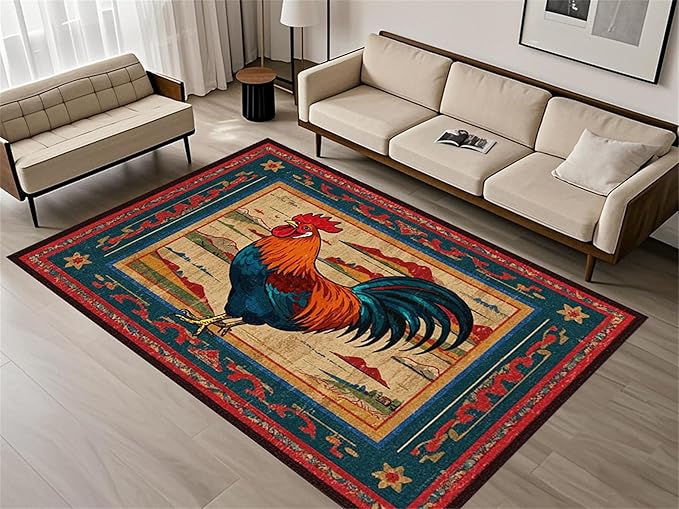 Vintage Rustic Rooster Area Rug ，4x5ft,Ethnic Design Colorful Mountains Geometric Pattern Print Rug，Low Pile Washable Rug Suitable for Farmhouse, Kitchen, Living Room, Bedroom Entryway