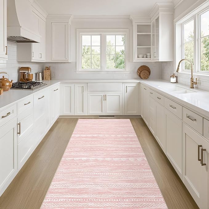 Nakagishi Runner Rug Kitchen Washable Rugs: 3x8 Non-Slip Boho Soft Modern Stain Resistant Indoor Floor Neutral Farmhouse Throw Carpet for Hallway Bathroom Laundry Room Entryway Bedroom- Pink