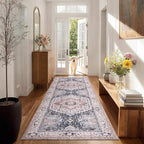 PURRUGS Vintage Farmhouse Boho Runner Rug 2'6" x 6', Non-Slip Machine Washable Rug, Accent Area Rug for Kitchen, Hallway, Entryway, Bedroom, Living Room and Dining Room, Coral Red/Marine Blue