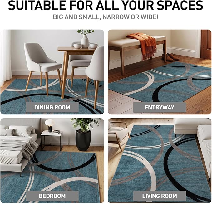 Rugshop Modern Wavy Circles Design Area Rug, Fade-Resistant Carpet for Living Room, Bedroom, or Dining Room, Blue, 5'3" x 7'3"