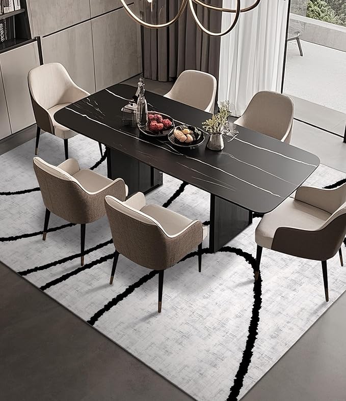 YIHOUSE Modern Area Rugs for Bedroom,5x7 Washable Black and White Rug, Thin Abstract Geometric Minimalist Striped Rug, Black Rugs for Bedroom,Kitchen,Dining Room Office