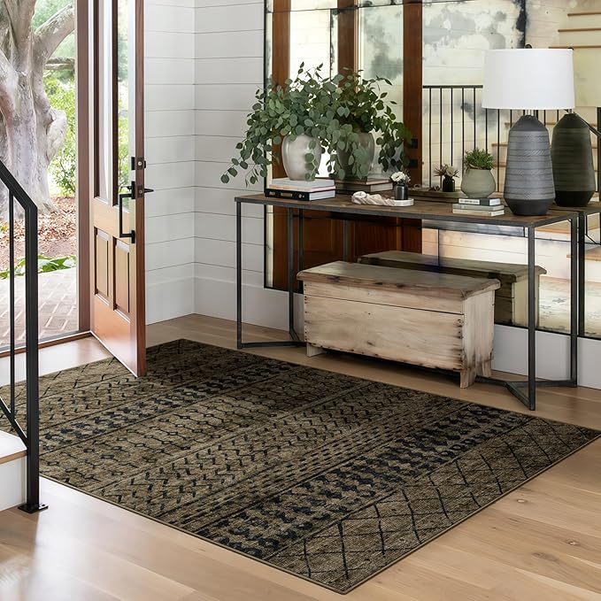 4x6 Machine Washable Area Rug for Living Room, Brown Black Vintage Moroccan Rug Large Non-Slip Low Pile Soft Faux Wool Carpet, Kids and Pets Friendly for Bedroom Dining Room Farmhouse Home Decor Rug