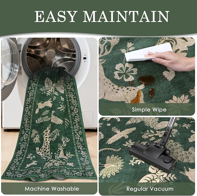 Moynesa Green 8x10 Area Rugs for Living Room, Washable Vintage Neutral Farmhouse Animal Area Rug for Bedroom Dining Room Office Study, Faux Wool Soft Non Slip Retro Carpets for Indoor