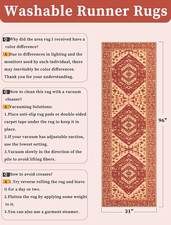 SERISSA Runner Rug for Hallways, 2'6"x8' Washable Non Slip Kitchen Runner Rug, Long Boho Rug Vintage Red Beige Hallway Stair Ultra Soft Print Floor Carpet for Bedroom Bathroom Laundry Room