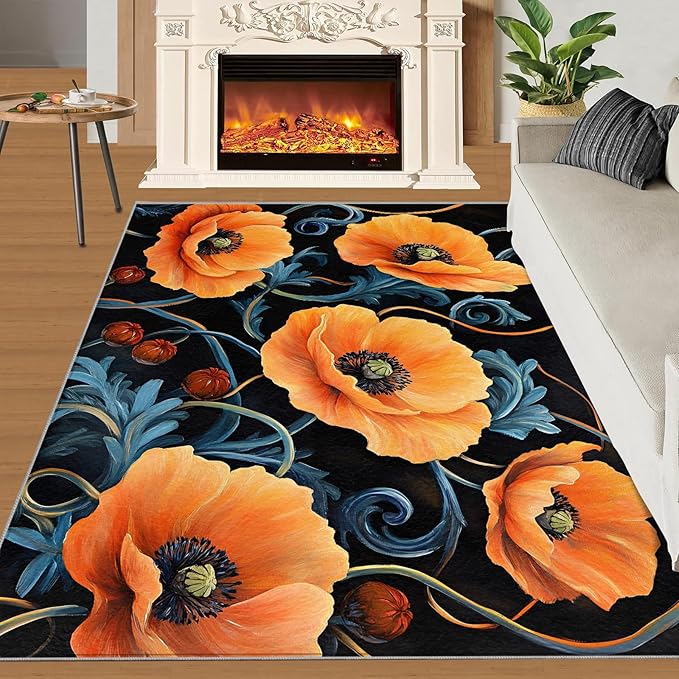 5x7 Poppy Rugs for Bedroom - Retro Florals Art Print Rug, Rustic Flowers Art Rug Non Slip Soft Rugs for Living Room Hardwood Floors Teen Room