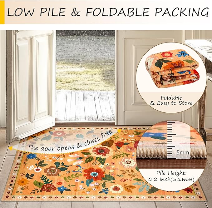 Floral 2x6 Area Rug Machine Washable Soft Print Boho Carpet Non Slip Doormat Low Pile Flower Area Rugs for Living Room Bedroom Nursery Kitchen Dining Room Indoor-Yellow/Orange