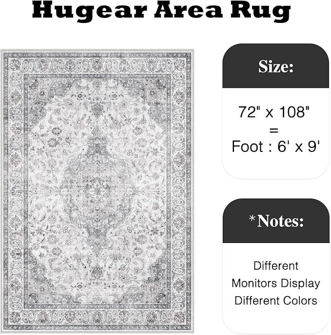 HUGEAR Area Rug 6x9 Vintage Grey Machine Washable Living Room Rugs Thin Neutral Floral Vacuumable Low Pile Carpet Bedroom Office Dining Room Laundry Room Non Slip Soft Lightweight