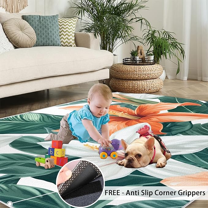 Lily Flowers Rugs for Bedroom - 3x4 Area Rug - Abstract 3D Flowers Rugs for Living Room, Tropical Plants Rug, Washable Home Decor Carpet