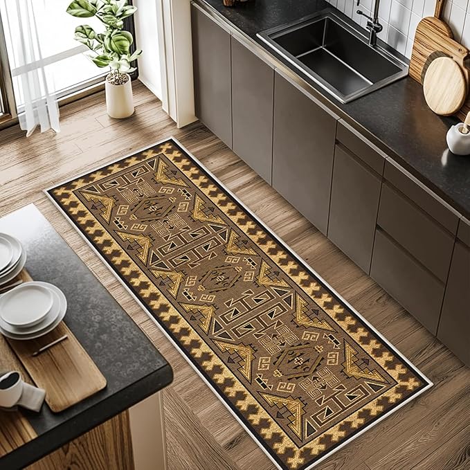 Brown Geometric Runner Rug, 1.3x7ft Hallway Runner Washable Rug, Corridor & Foyer High-Traffic Rugs, Indoor Durable Non-Slip Mat, Vintage Southwestern Decorative Home Carpet
