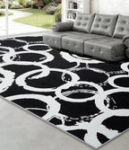 YIHOUSE Black Modern Geometric Area Rug 8x10, Black and White Rug with Abstract Circles,Non-Shedding Washable Rugs for Bedroom, Home Office and Living Room