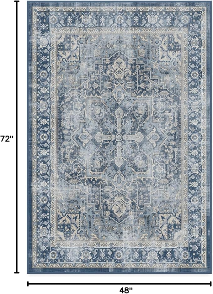 RUGGABLE Washable Area Rug – Kamran Admiral Blue 4x6, Stain-Resistant, Non-Slip – Medium Machine Washable Rugs for Living Room, Bedroom, Hallway, Entryway & Office–with Cushioned Pad