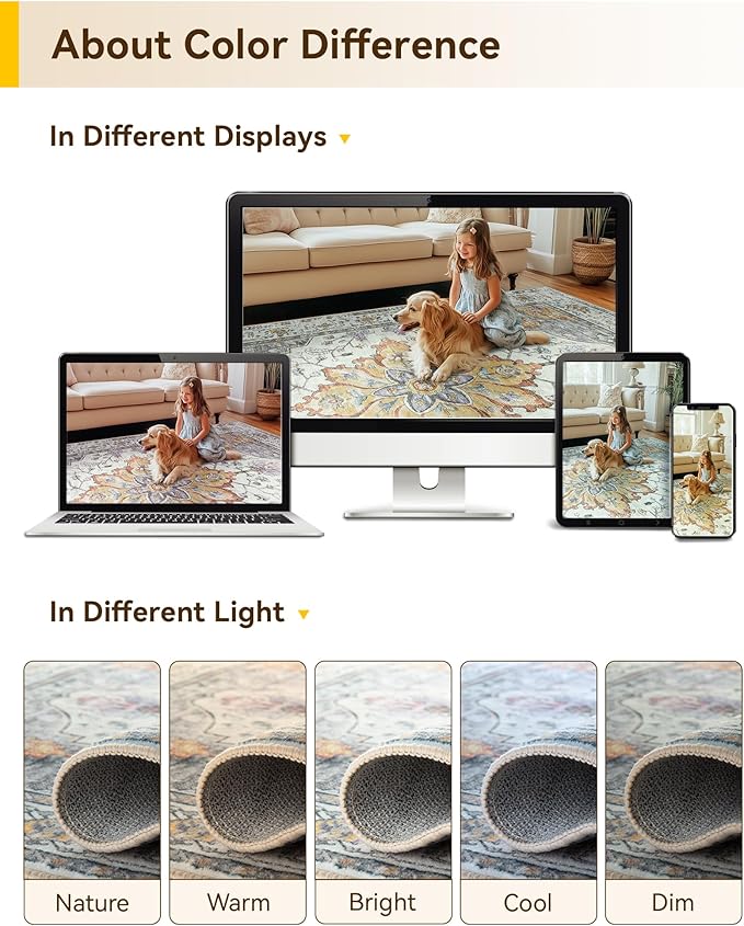 Area Rugs 2'x6' Washable Non-Slip, Floral Vintage Distress Print Pattern Medallion Carpet for Living Room Bedroom Dining Room, Light Yellow Carbon Grey Orange