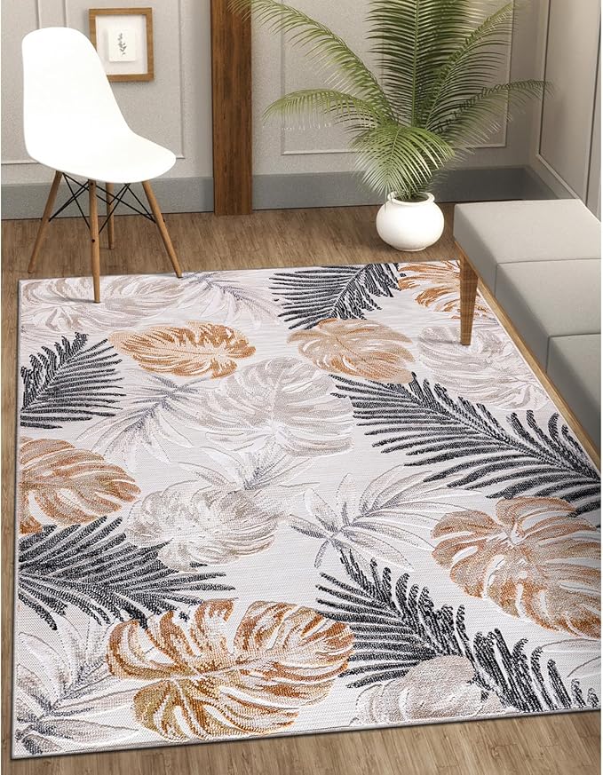 CAMILSON Indoor Outdoor Rug, Yellow 6’x9’ Leaf Tropical Botanical Area Rugs for Indoor and Outdoor patios, Easy-Cleaning Non-Shedding Living Room, Garden and Kitchen Washable Outside Carpet (6x9)