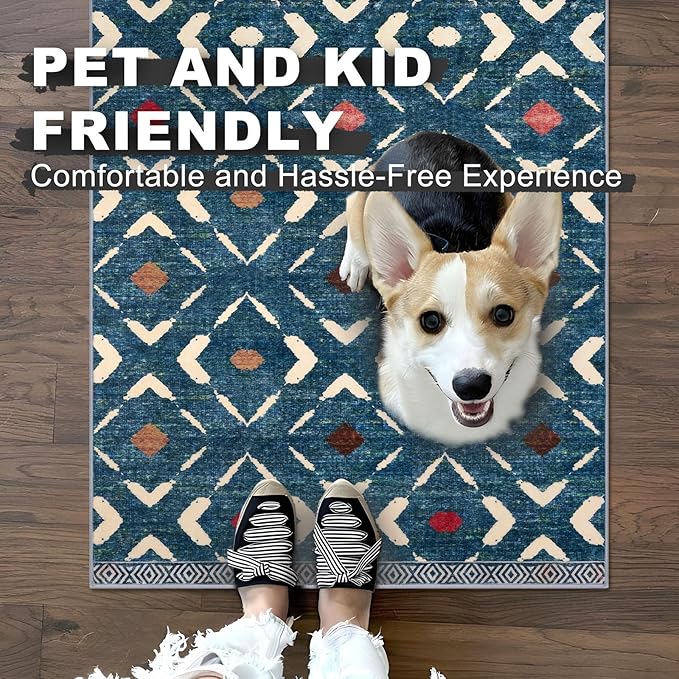 KILOCOCO Kitchen Runner Rug Washable Runner Rug Soft Hallway Runners Non Slip Printed Distressed Laundry Room Rugs, Low-Pile Runners for Entryway/Bedroom/Kitchen/Living Room, 2x5 Teal/Blue