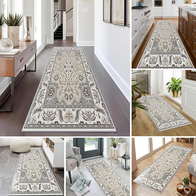 Hallway Runner Rug 2x6ft Kitchen Runner Rug Non Slip Washable Runner Rugs, Vintage Distressed Faux Wool Carpet Entryway Rug Runners with Rubber Backing for Farmhouse, Bedroom, Laundry