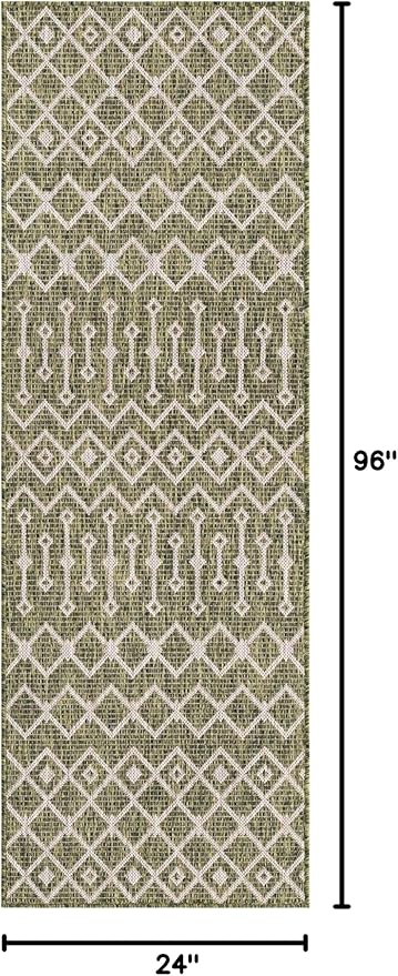 Unique Loom Outdoor Trellis Collection Area Rug - Tribal Trellis (2' x 8' Runner, Green/ Natural)