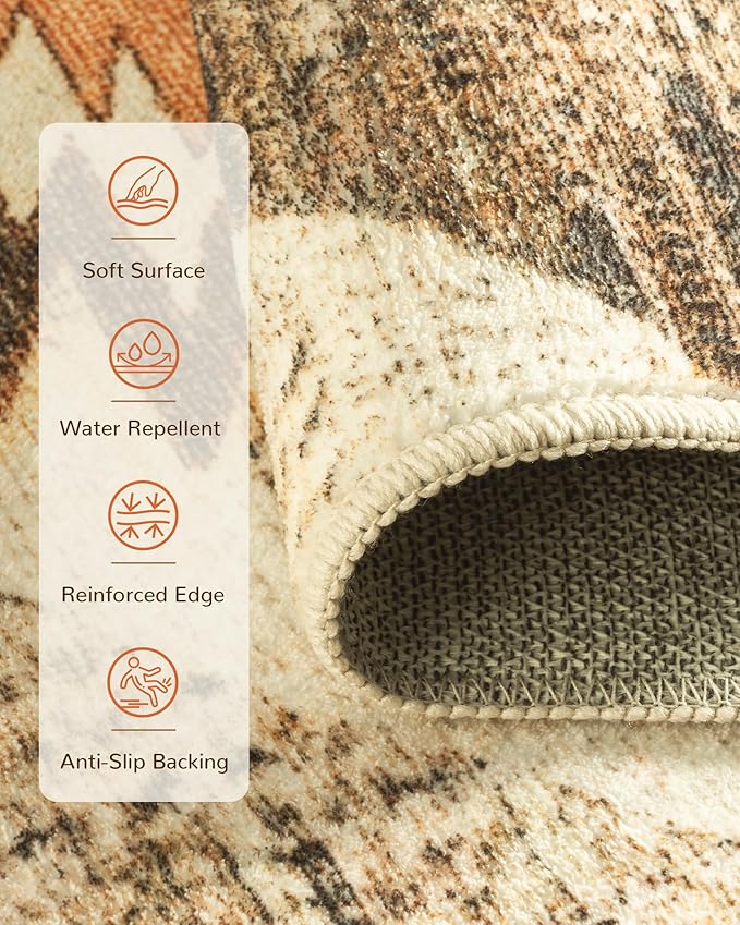 Area Rug 5x7 Rug Machine Washable Non-Slip Low Pile Print Pattern Western Rug for Living Room Bedroom Entryway Tribal Series -Cream/Camel