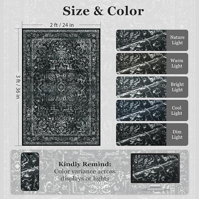 Distressed Black Kitchen 2x3 Rugs Non Slip Washable, Vintage Medallion Pinted Dark Door Mat Indoor Entrance Entryway, Small Low Pile Rugs for Bathroom Vanity/Laundry Room/Bedroom