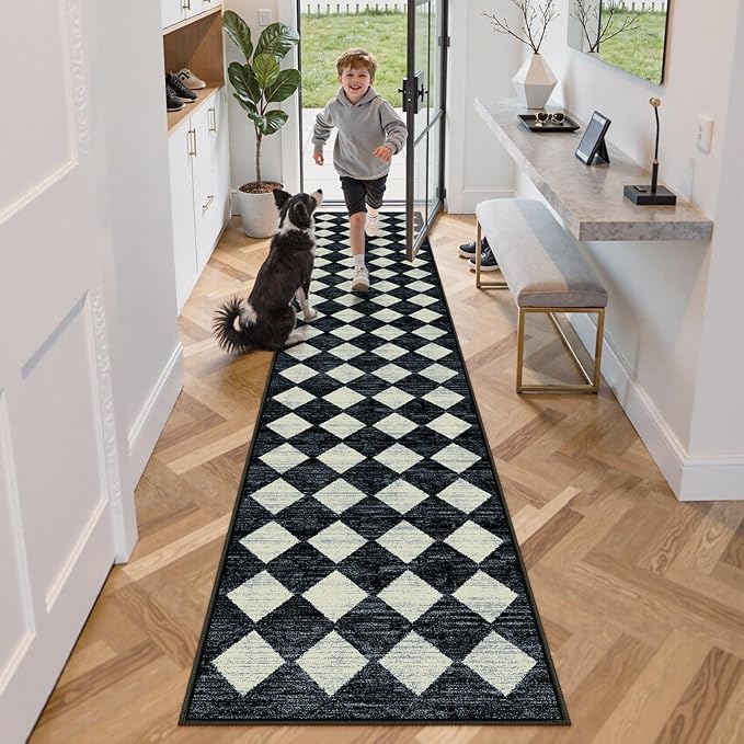 Lahome Checkered Washable 2x12 Runners for Hallways Non Slip, Black Kitchen Bathroom Runner Rugs, Modern Trellis Ultra-Thin Indoor Carpet Runner for Bedroom Dorm Classroom Decor (2'x12',Black)